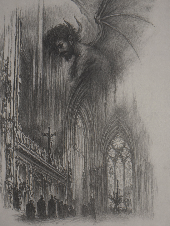 Devil in the Church — cover artwork: a winged, horned figure looming over a gothic cathedral interior